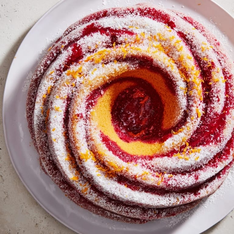 Festive The Cranberry Orange Swirl cake, featuring a beautiful spiral and sweet-tart flavors.