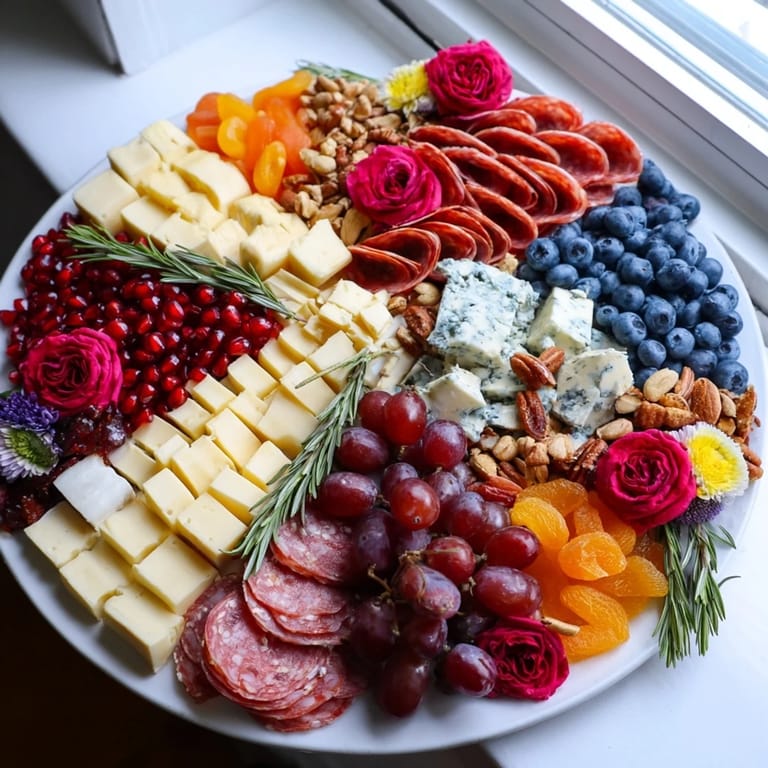 An opulent, layered The Nutcracker Suite Board overflowing with gourmet cheeses, seasonal fruits, and delicious treats.