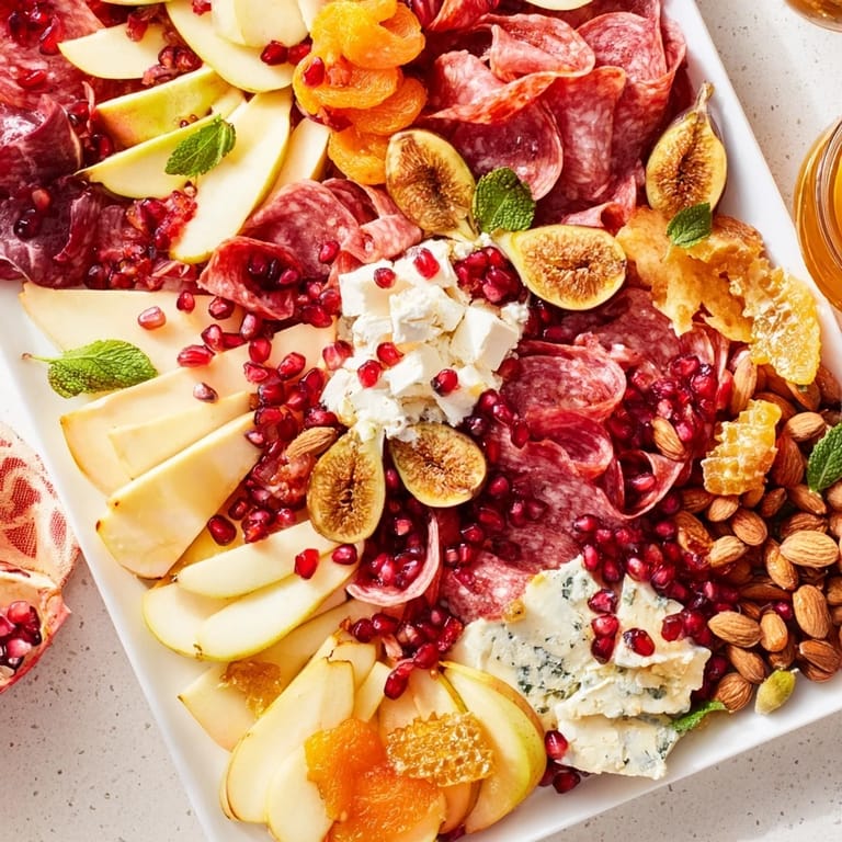 This stunning Pomegranate Jewel Cascade appetizer features sparkling pomegranate arils alongside delicious cheeses.