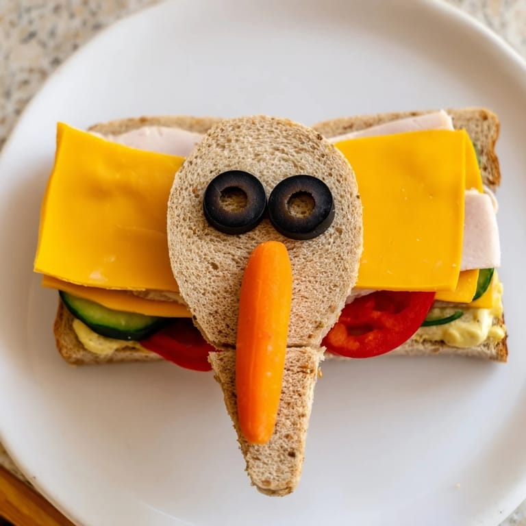 Colorful Big Top Elephant Sandwich Board showcases whimsical elephant sandwiches alongside fresh vegetables and snacks.