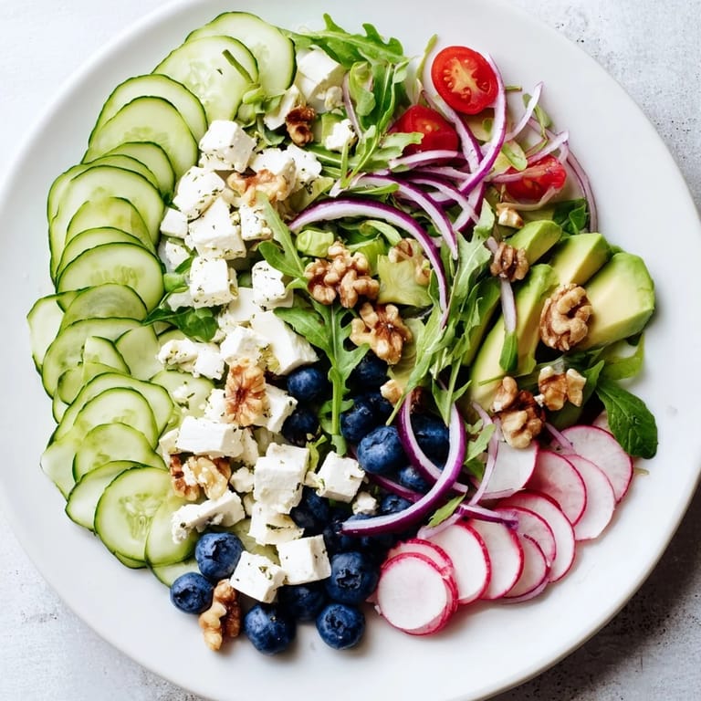 Close-up of a beautifully plated Fibonacci Fan Salad, with crunchy walnuts and a light vinaigrette.