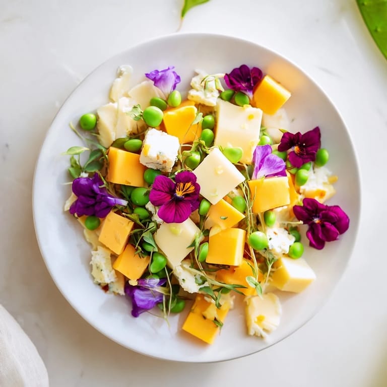 "Secret Garden" appetizer: colorful microgreens and flowers artfully conceal cheese for guests.
