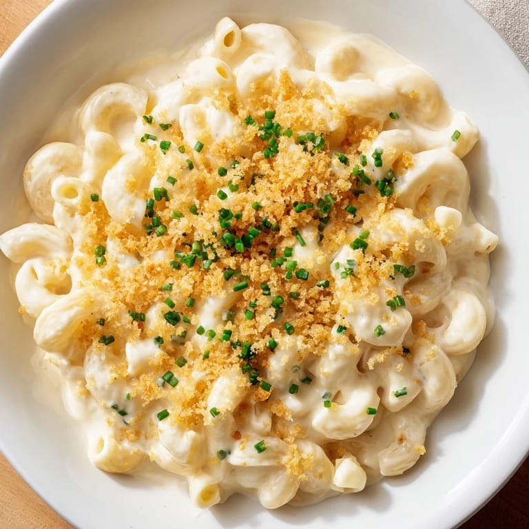 A close-up of cheesy cottage cheese mac and cheese, ready to be served hot and delicious.