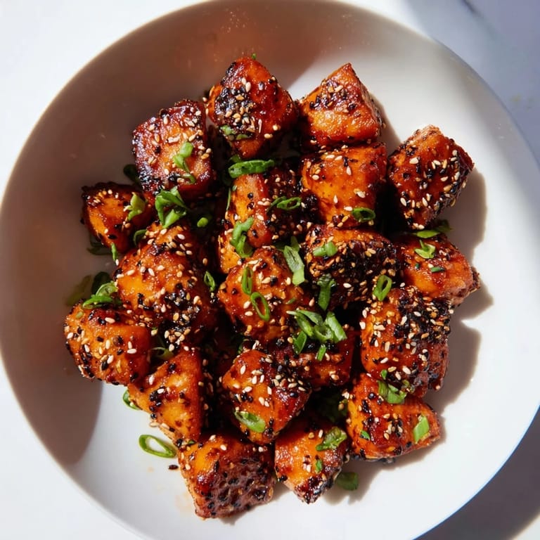 Savory air fryer turkey/chicken bites served on a platter, garnished with sesame seeds and herbs.