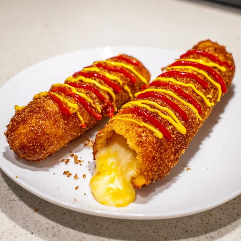 A close-up shows the delightful cheese pull from these freshly fried Cheesy Korean Corn Dogs.