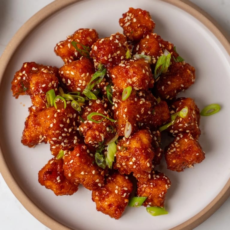 A close-up shot of hot, sticky Honey Gochujang Tofu, perfect as an appetizer.