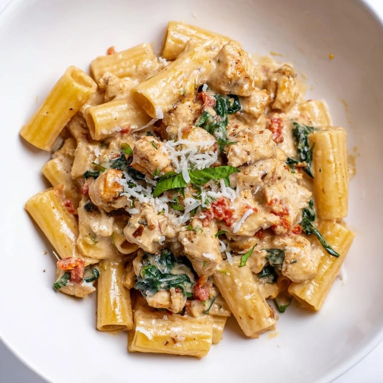 A skillet of Budget-Friendly Marry Me Chicken Pasta showing the cheesy sauce coating each pasta piece.