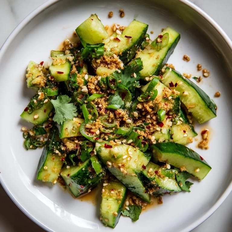 This bowl of Chinese Spicy Smashed Cucumber Salad showcases the vibrant colors and appealing textures of the vegan salad.