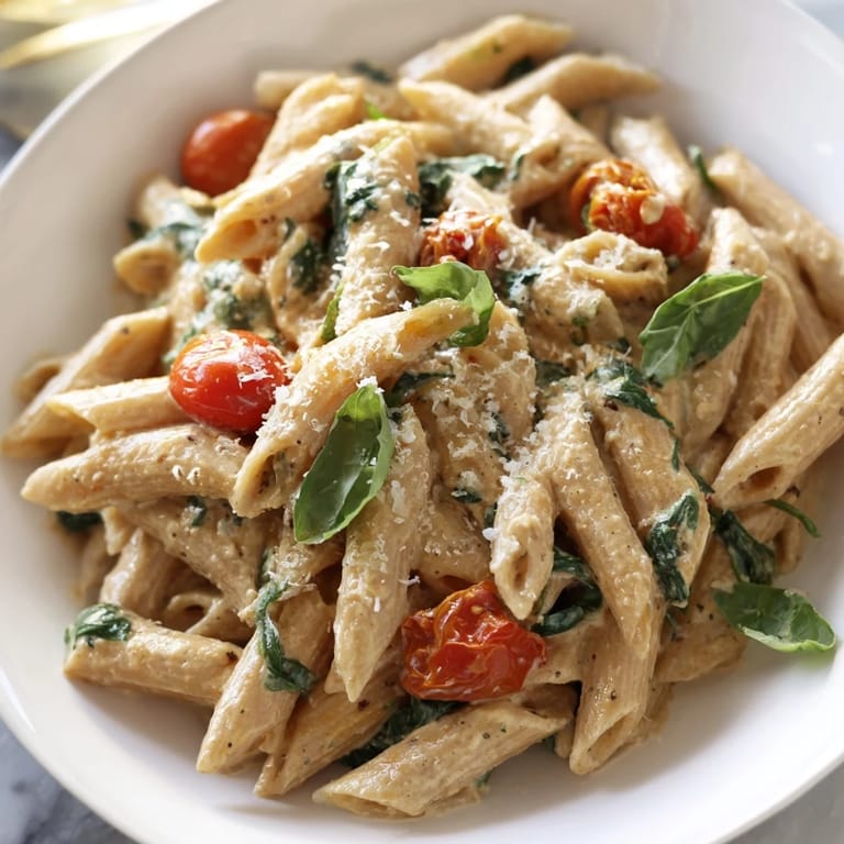A close-up of delicious Cottage Cheese High-Protein Creamy Pasta, ready to serve with Parmesan.