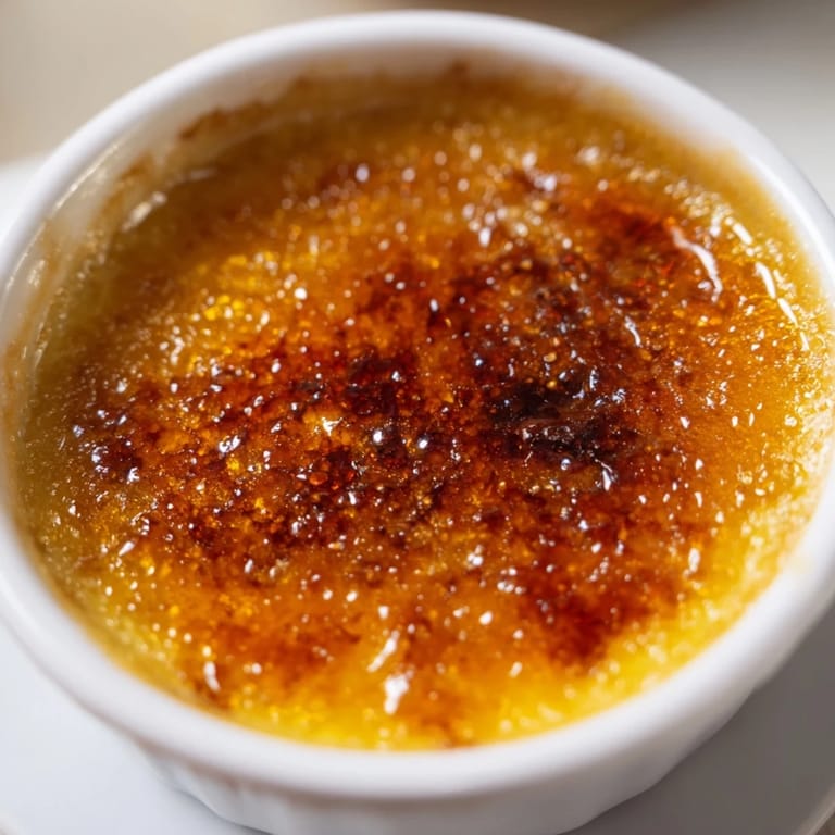 A close-up of golden brown 3-Ingredient Crème Brûlée, showcasing the crisp sugar topping ready to be enjoyed.