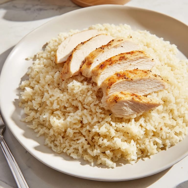 A comforting plate of garlic butter rice with grilled chicken, garnished with fresh parsley and lemon.