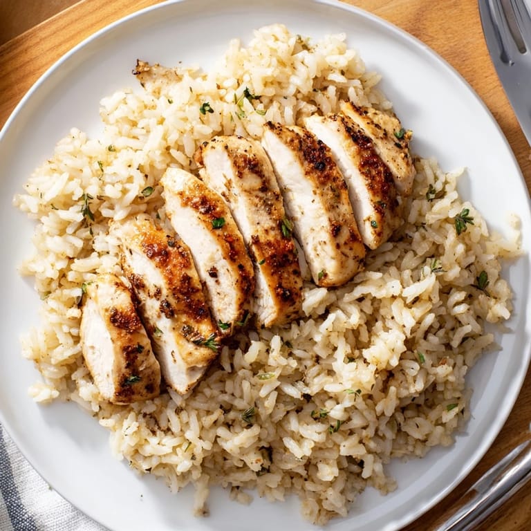 Steaming garlic butter rice and tender chicken slices, ready to enjoy as a quick family dinner.