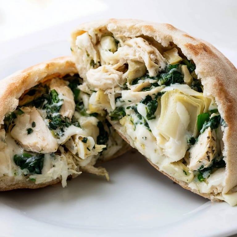 Spinach Artichoke Chicken Stuffed Pita mit cremiger Füllung und knusprigem Teig.