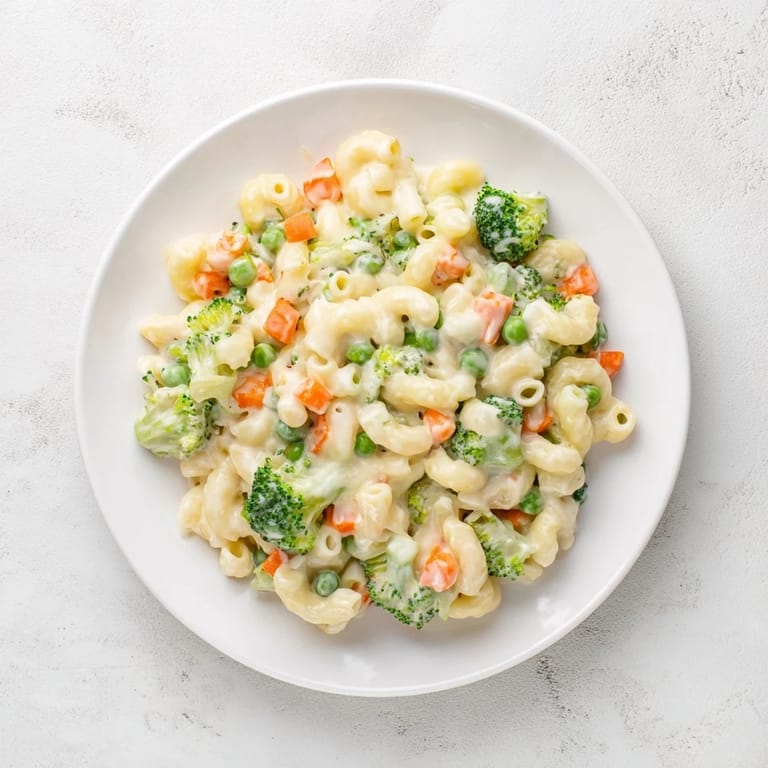 Geröstete Karotten, Brokkoli und Erbsen vermengt mit cremiger Cheddar-Sauce in den Nudeln.