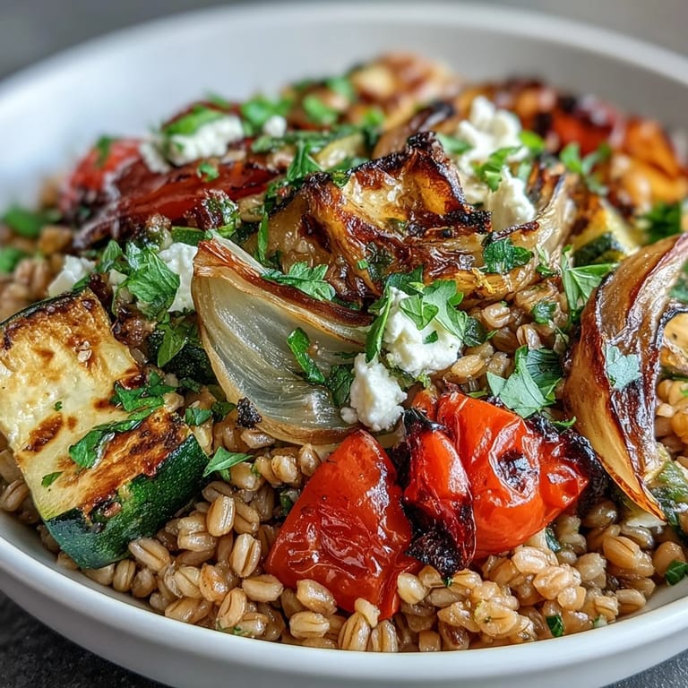 Leckere Mediteranne Farro-Schüssel mit gerösteten Kirschtomaten und Zwiebeln, serviert als gesunder Einstieg oder Beilage.