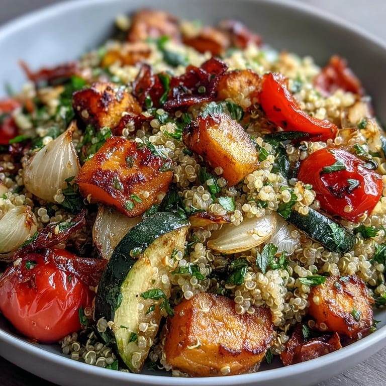 Würziges Quinoa-Gemüse-Pilaw, voller bunter, gerösteter saisonaler Leckereien.