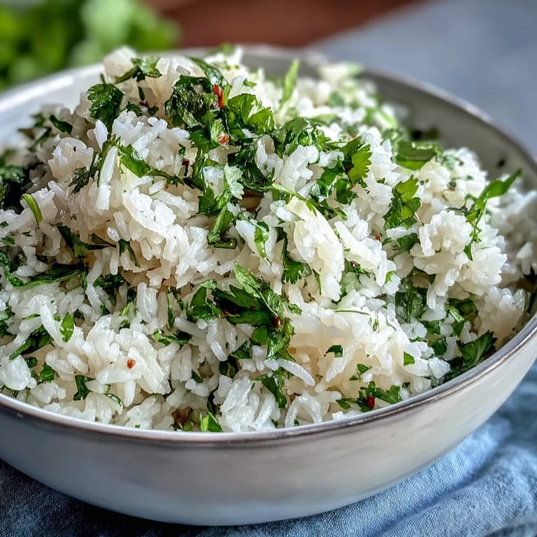 Leckerer Koriander-Limetten-Reis, leuchtend grün und fluffig auf einem Teller.