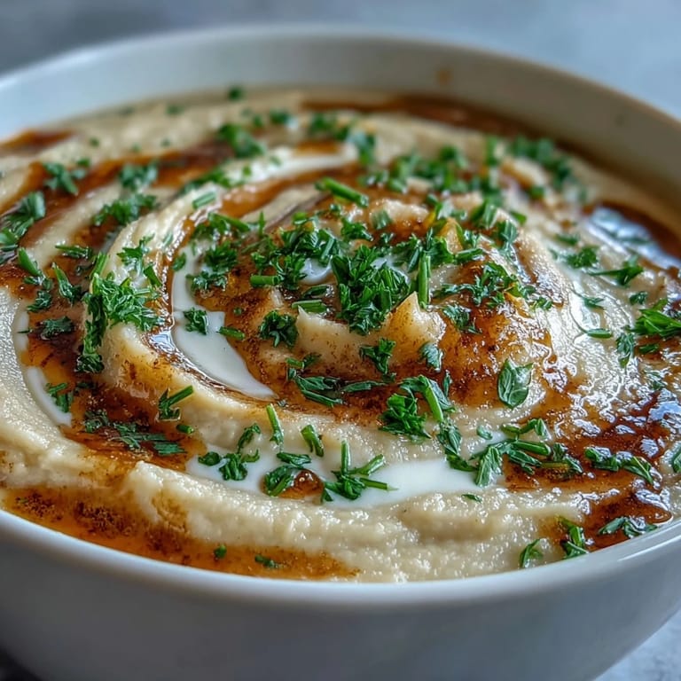A close-up of smooth Parsnips and Herb Soup, ready to be served.