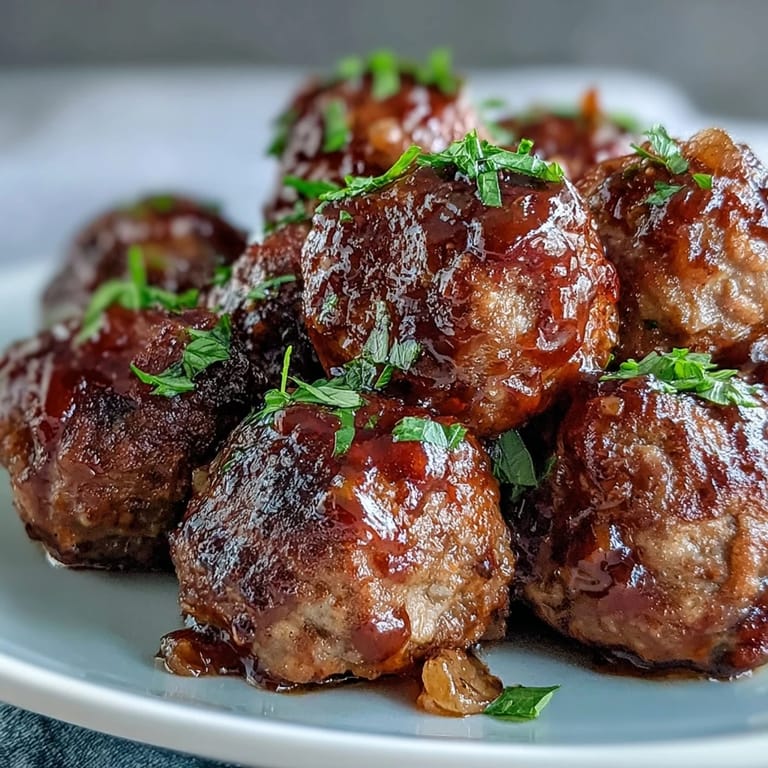 Appetizer platter of Slow Cooker Peach Glazed Meatballs with toothpicks, surrounded by fresh herbs and dipping sauce.