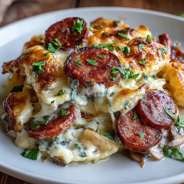 Crockpot Pierogi Casserole With Kielbasa dampft heiß aus dem Slow Cooker mit frischen Schnittlauch. 