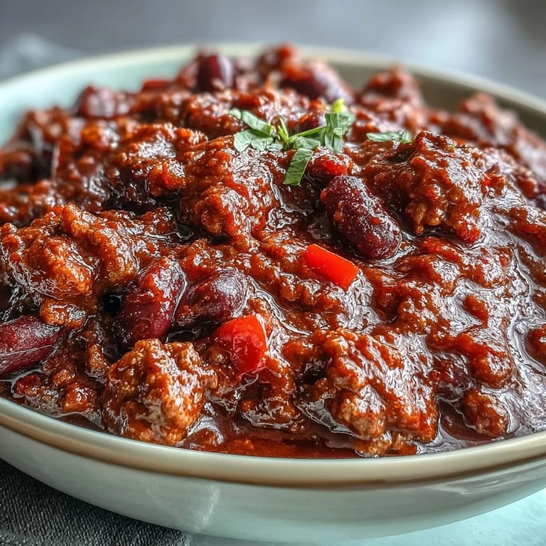 Gekochtes BEEF Chili aus dem Slow Cooker, gewürzt mit Chili-Pulver und Käse bestreut, dampft warm im Topf.