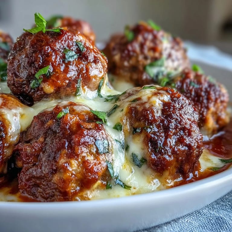 Close-up of bubbling Cheesy, Garlicky Meatballs With Marinara, showing golden beef and pork meatballs simmering in rich red sauce, garlic aroma implied.