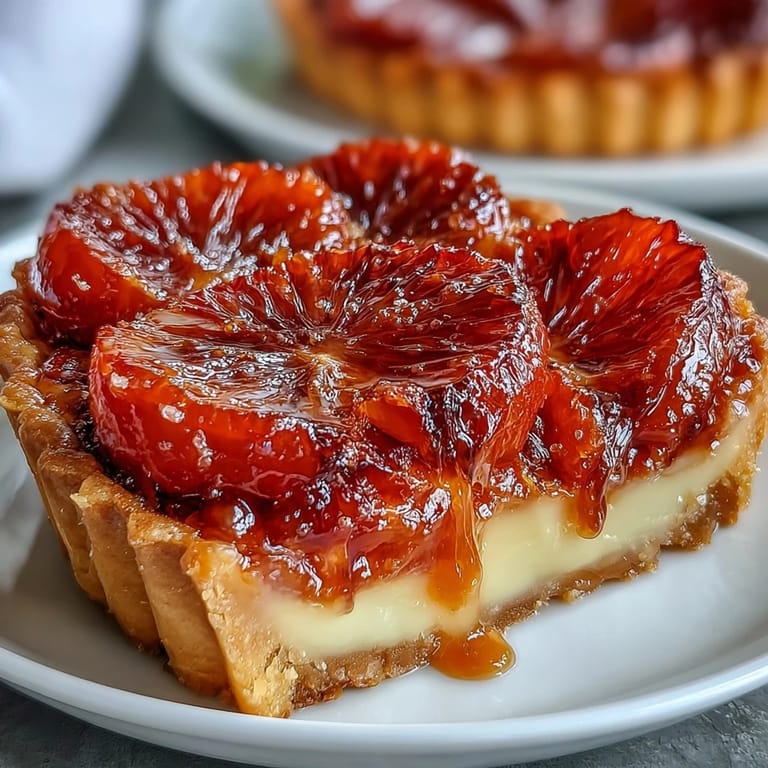 Hausgemachte Blood Orange Tarts mit cremiger Füllung und schimmernder Orangen-Scheibe, serviert auf blau-weißem Teller.