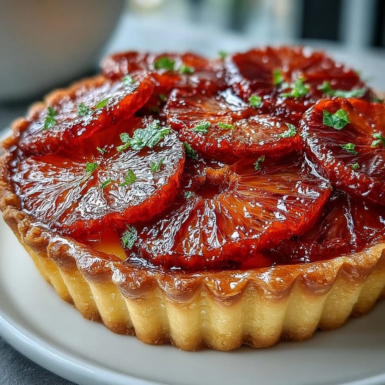 Würzige Blood Orange Tarts in einfachen Tartformen, belegt mit saftigen Orangenscheiben und zartem Puderzucker.
