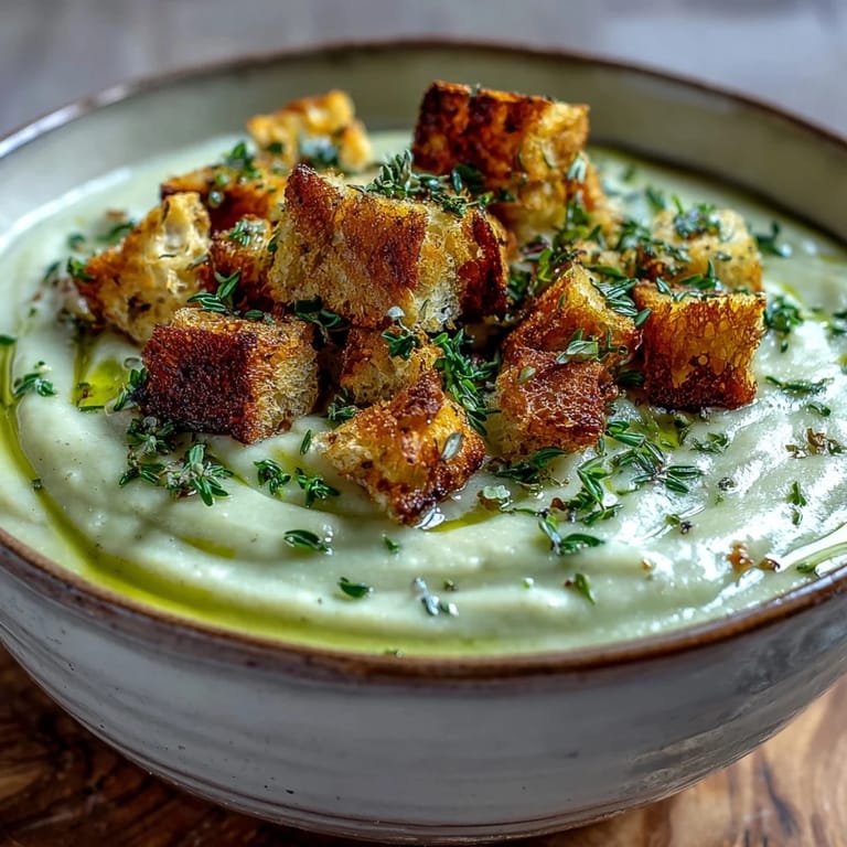 Warm Cauliflower and Broccoli Soup ladleful with creamy texture, served beside fresh thyme sprigs.
