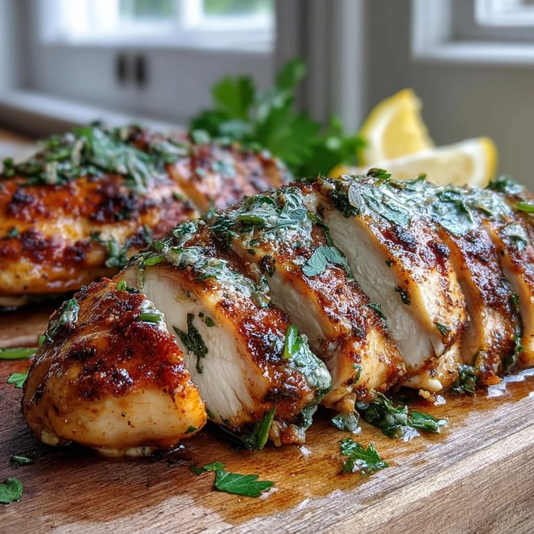 Goldbraun gebackenes Oven Baked Chicken Breast mit Kräutern und Servierempfehlung für ein schnelles Abendessen.