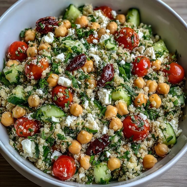 Healthy High Protein Quinoa & Chickpea Salad als vegetarisches Hauptgericht mit Olivenöl und Feta