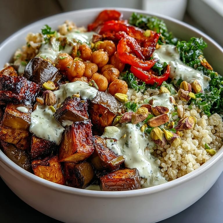 Ansprechendes Mediterranean Buddha Bowl Meal Prep: nahrhafte Schichten aus Gewürz-Bulgur, gebratenem Auberginen-Kürbis, frischem Grünkohl und Kichererbsen, verfeinert mit cremiger Tahini-Dressing-Note.