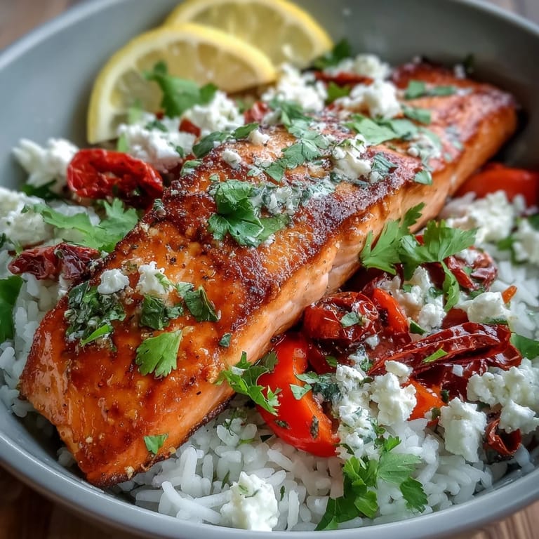 Dieses Mediterranean Salmon Bowl kombiniert goldbraunen Reis, saftigen Lachs und aromatische Zitronenscheiben für ein ausgewogenes, glutenfreies Essen.