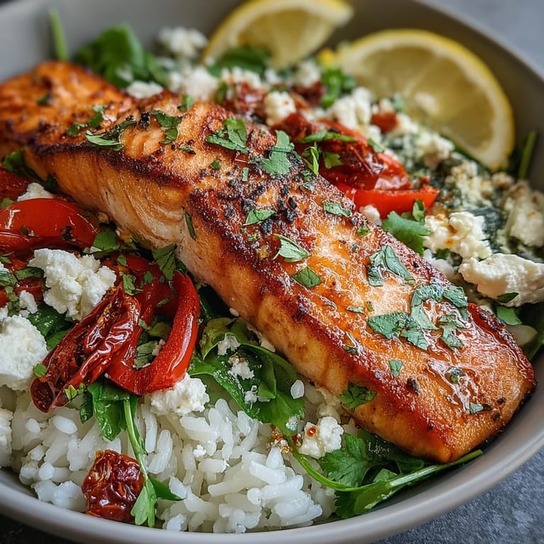 Ein leckeres Mediterranean Salmon Bowl mit knusprigem Lachs, cremigem Feta und frischen Kräutern für ein mediterranes Abendessen.