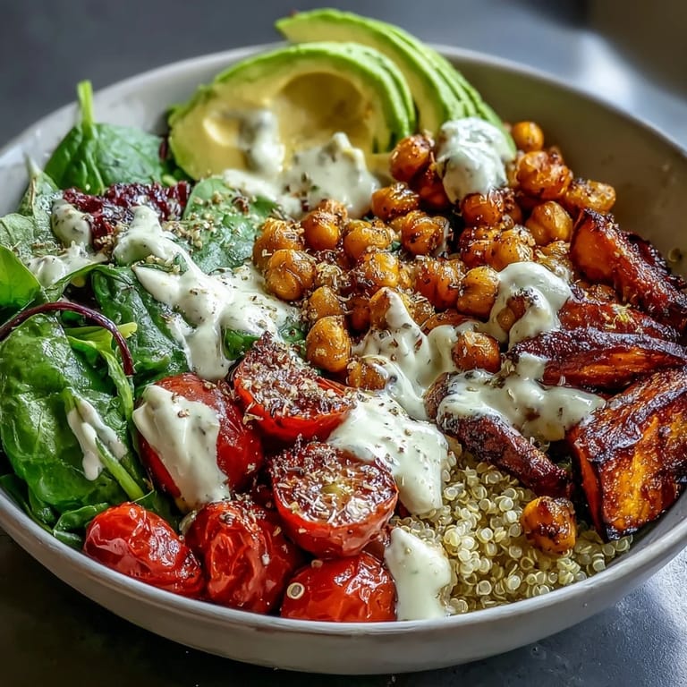 Close-up of Buddha Bowl with Quinoa featuring golden roasted sweet potatoes, crunchy chickpeas, fresh greens, and creamy garlic tahini drizzle.