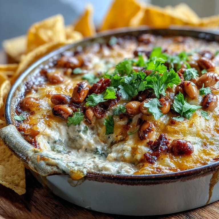 Cremiger Party-Dip aus schwarzaugenerbsen mit Jalapeño und Kreuzkümmel, serviert warm mit Gemüsestiften und Tortilla-Chips.