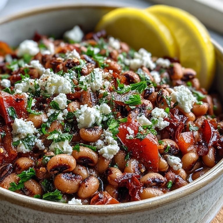 Hearty Greek-Style Slow Cooker Black-Eyed Peas served in a bowl with feta and lemon wedges.