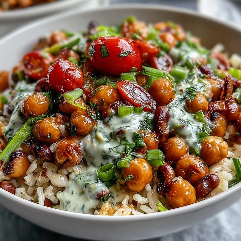 Genieße die New Years Hoppin John Salad als veganes Hauptgericht mit Reis, Kichererbsen und würziger Zitronen-Sahne Note.