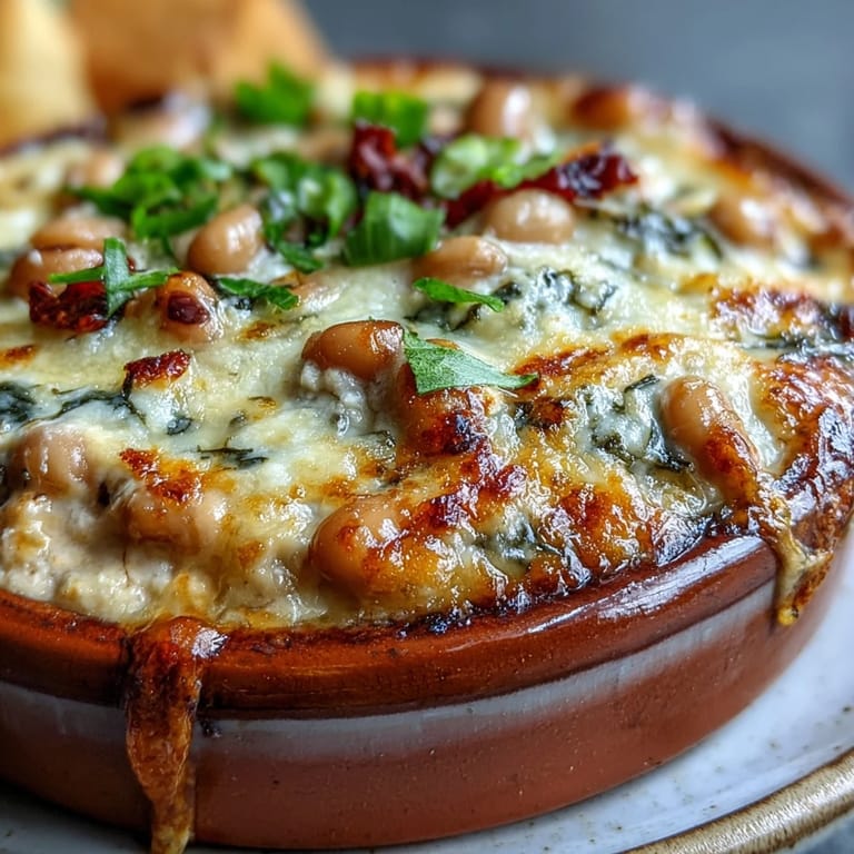 Goldbraune Hot Black-Eyed Pea Dip aus dem Ofen, würzig mit geräuchertem Paprika und frischen Frühlingszwiebeln.