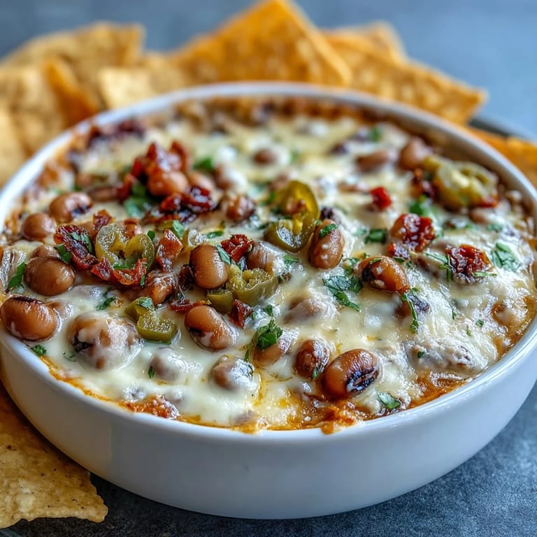 Cremige Hot Black-Eyed Pea Dip im Auflaufform, üppig mit Käse überbacken und nach Jalapeño duftend.