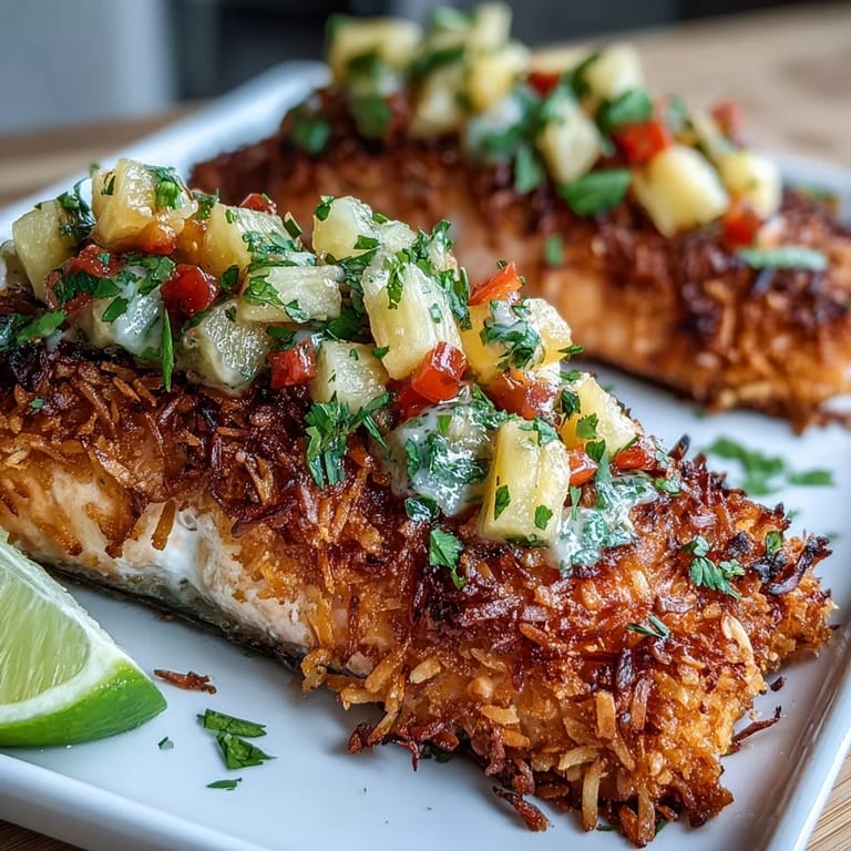 Freshly prepared Coconut Crusted Salmon with Pineapple Salsa, served hot on a white dinner plate.