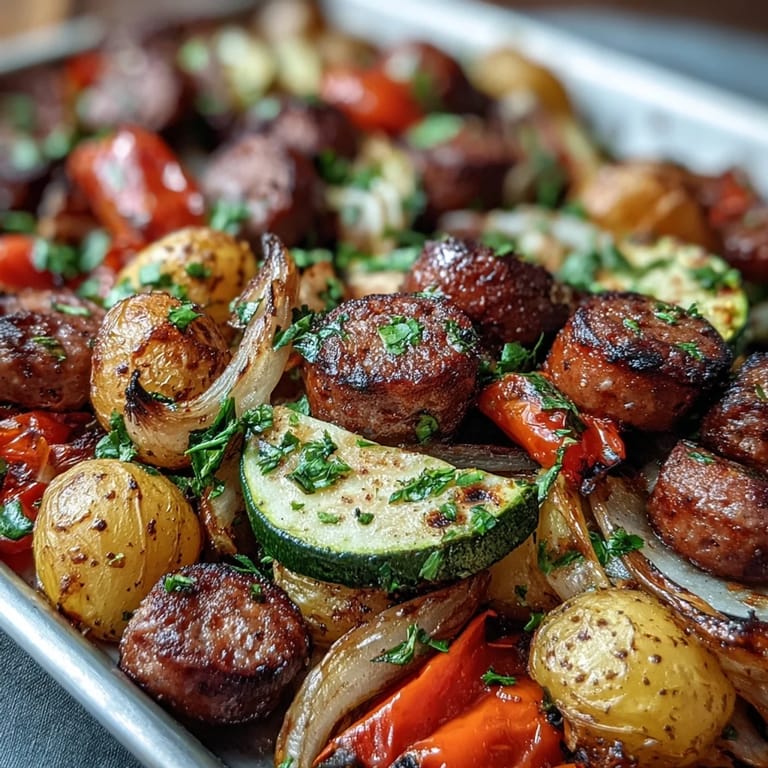 Schnelles Wochenendgericht: Smoky Sheet Pan Sausage & Veggies im Ofen gebräunt, mit saftigem Gemüse und würziger Wurst, serviert neben goldbrauner, mit Knoblauch bestrichener Naan.