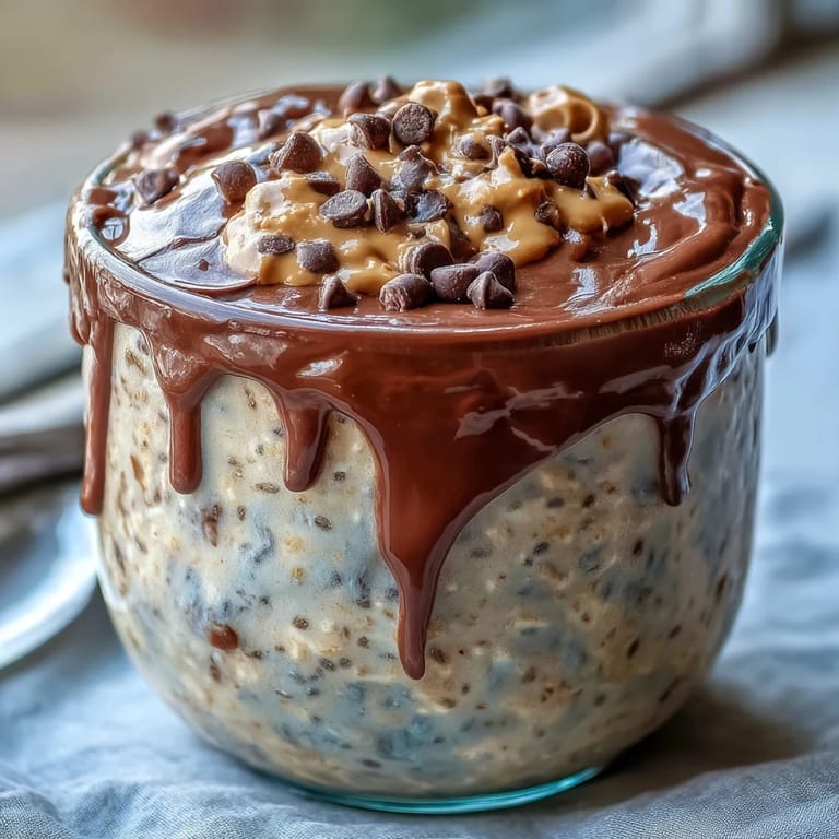 Genieße Peanut Butter Cup Overnight Oats mit Knuspernüssen und zarten Schokostücken zum Frühstück.