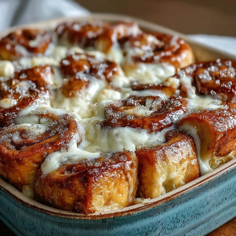 Ein belegter Brunch-Teller mit Cream Cheese Swirl Cinnamon Roll French Toast Bake, Ahornsirup und frischen Bananenscheiben.
