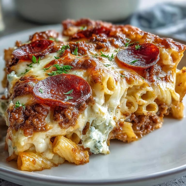 Dieser High-Protein Pizza Pasta Bake dampft cremig aus der Auflaufform, serviert mit frischem Salat.