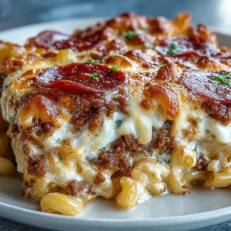 Genieße die High-Protein Pizza Pasta Bake mit cremigem Joghurt-Käse-Sauce und frischem Basilikum.