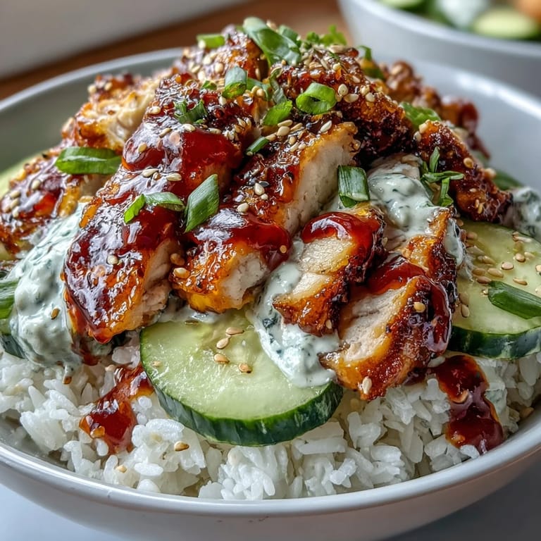 Frisch geröstete Sesamsamen und grüne Zwiebeln auf knusprigen Hähnchen- und Gurken-Schalen.