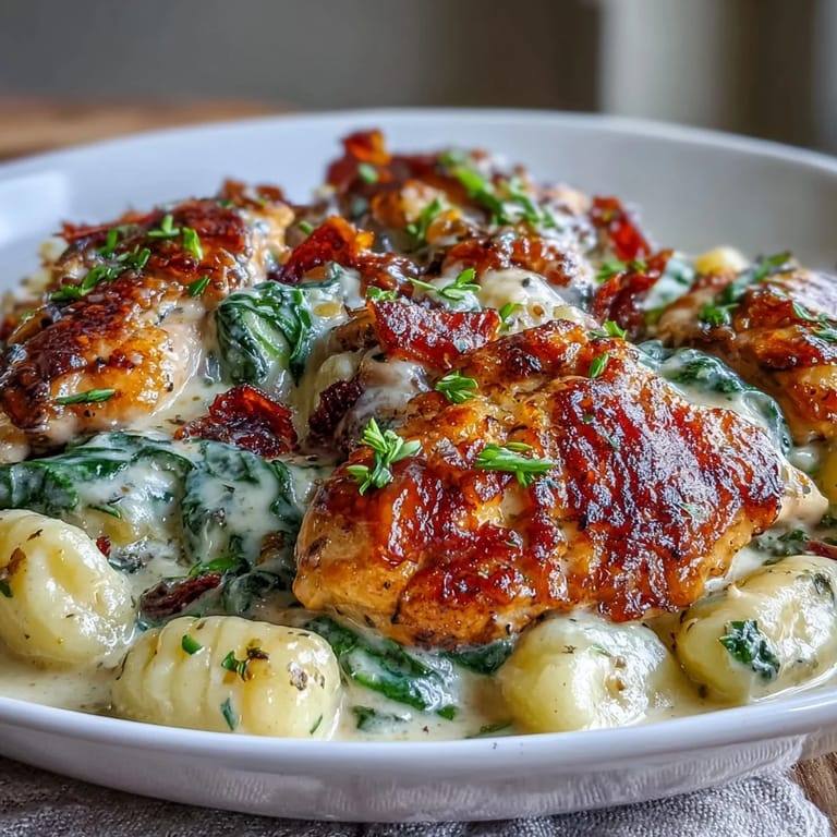 Saftige Hähnchenschenkel ruhen auf Kissen aus Gnocchi, frischem Spinat und einer würzigen Knoblauch-Sahne-Sauce