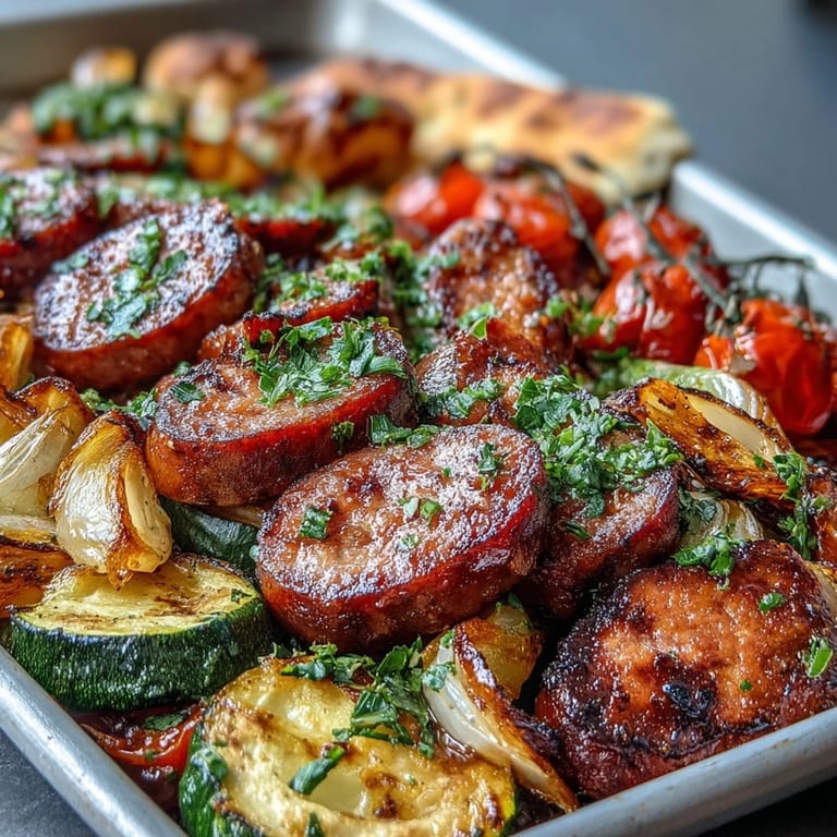 Saftige Smoky Sheet Pan Sausage & Veggies mit knusprigem Rand, frischer Petersilie und warmen Naan-Stücken, perfekt für schnelle Abendessen im US-Haushalt.