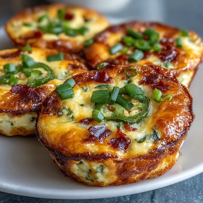 Genieße Keto Jalapeño Cheddar Egg Cups als belegtes Frühstück mit Frühlingszwiebeln und Cheddar.